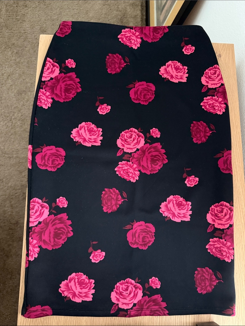 Forever 21 Black Pencil Skirt with Pink Rose Print